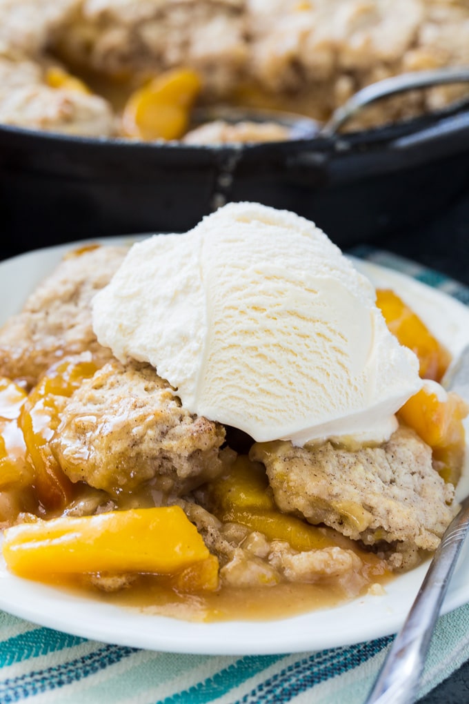 Skillet Bourbon Peach Cobbler with Cinnamon Sugar Dumpling