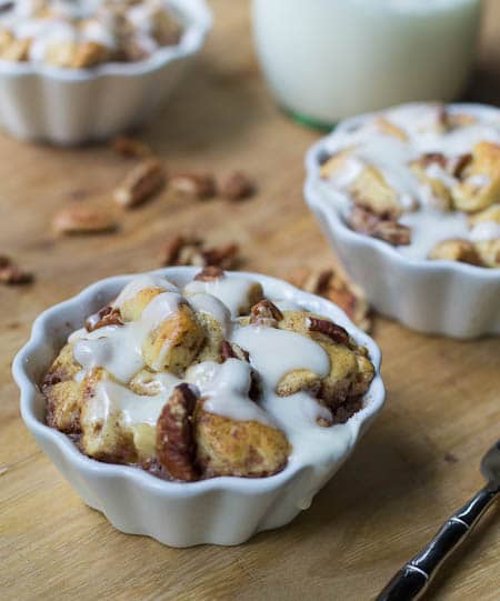 Bread Pudding made with cinnamon rolls in small ramekins.
