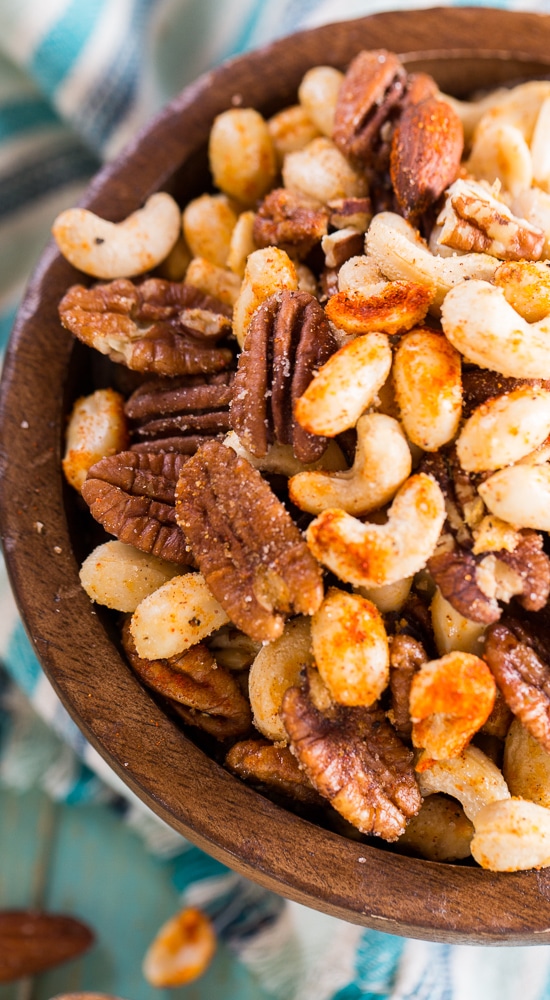 Cajun Nuts -make a great party snack. Flavored with plenty of spices, some sugar, and a little bacon grease.