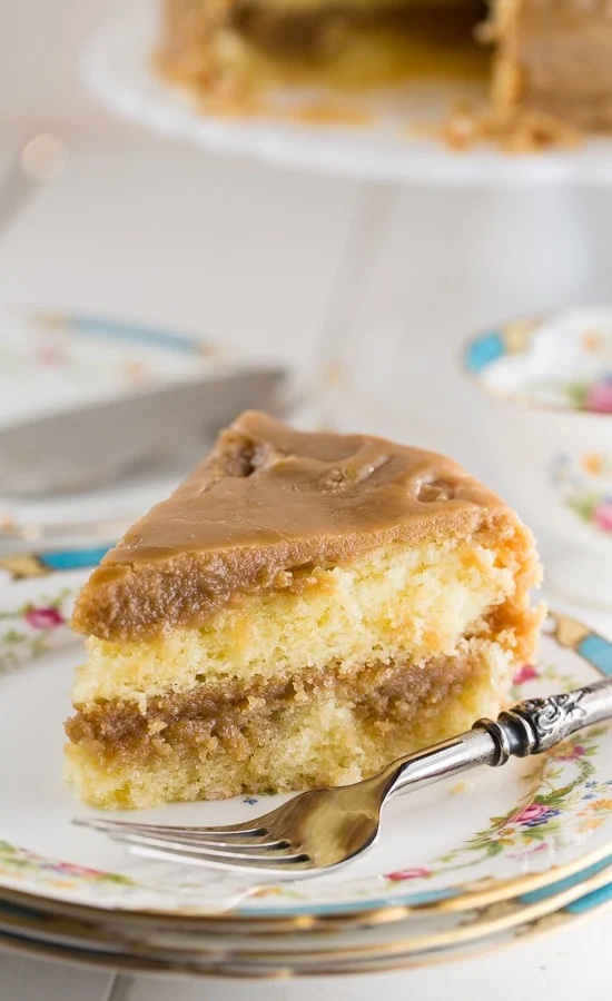 Southern Caramel Cake- moist vanilla cake with lots of ultra-sweet caramel icing.