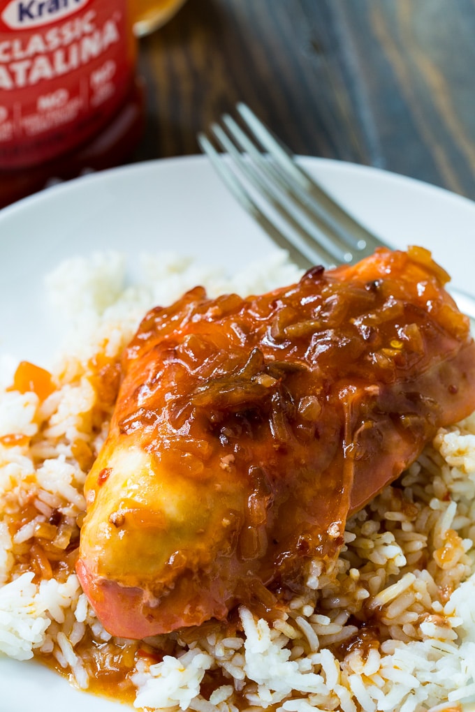 Crockpot Catalina Chicken served over rice