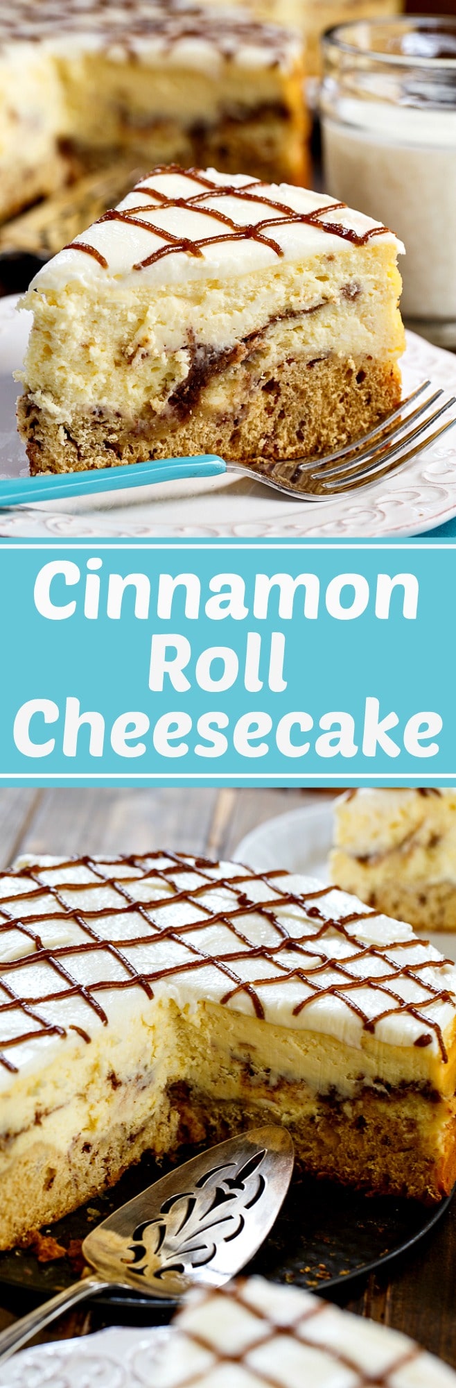 Cinnamon Roll CHeesecake with a crust made out of cinnamon rolls.