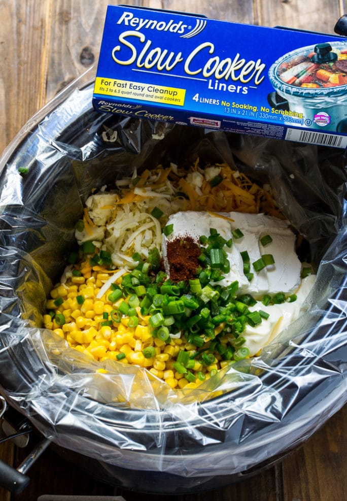 Slow Cooker with Corn Dip with easy clean-up thanks to Reynolds Slow Cooker Liners.