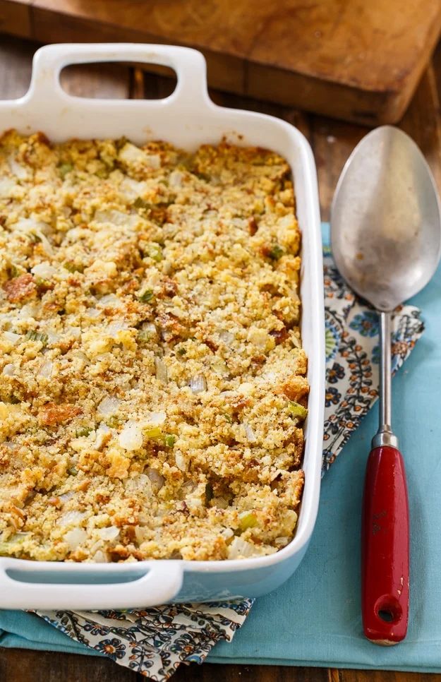 Cornbread Stuffing in a baking dish.