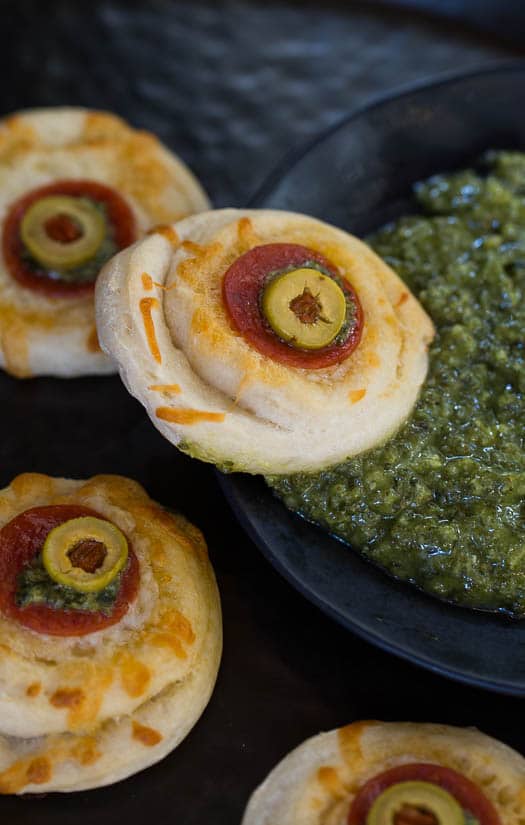 Monster Eyeball Pizzas a spooky treat for Halloween.