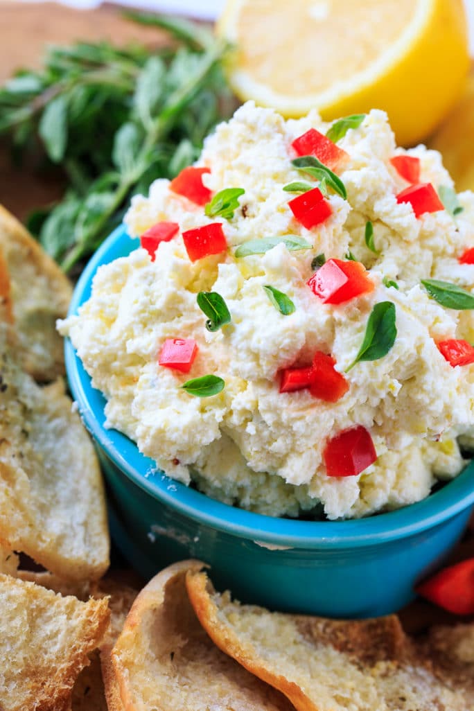 Creamy Feta Spread served with pita chips makes a delicious appetizer.
