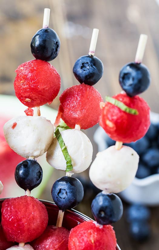 4th of July Fruit Kabobs with watermelon, blueberries, and mozzarella balls.