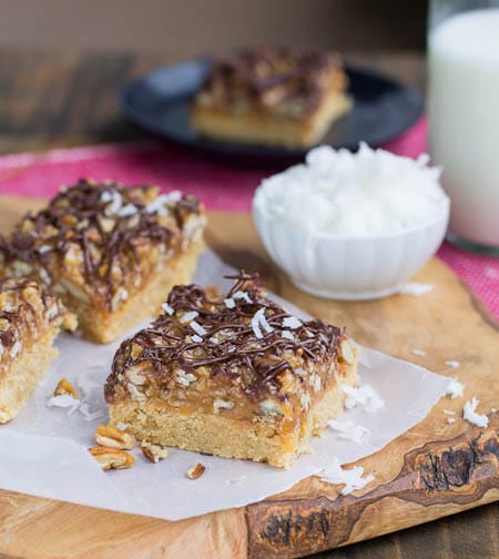 German Chocolate Bars with bowl of coconut in background.