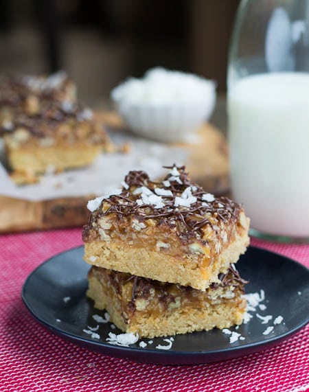 Two bars stacked on a black plate with milk in background.