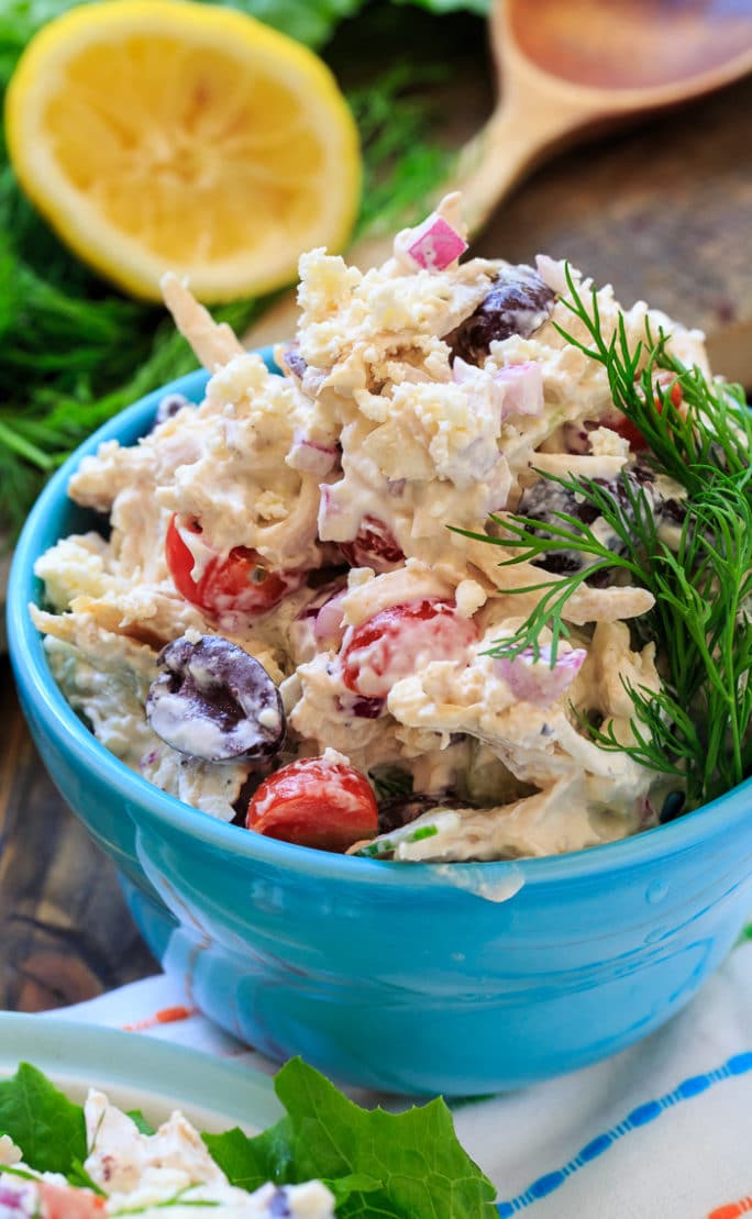 Greek Chicken Salad with feta cheese, kalamata olives, fresh dill, and cucumbers.