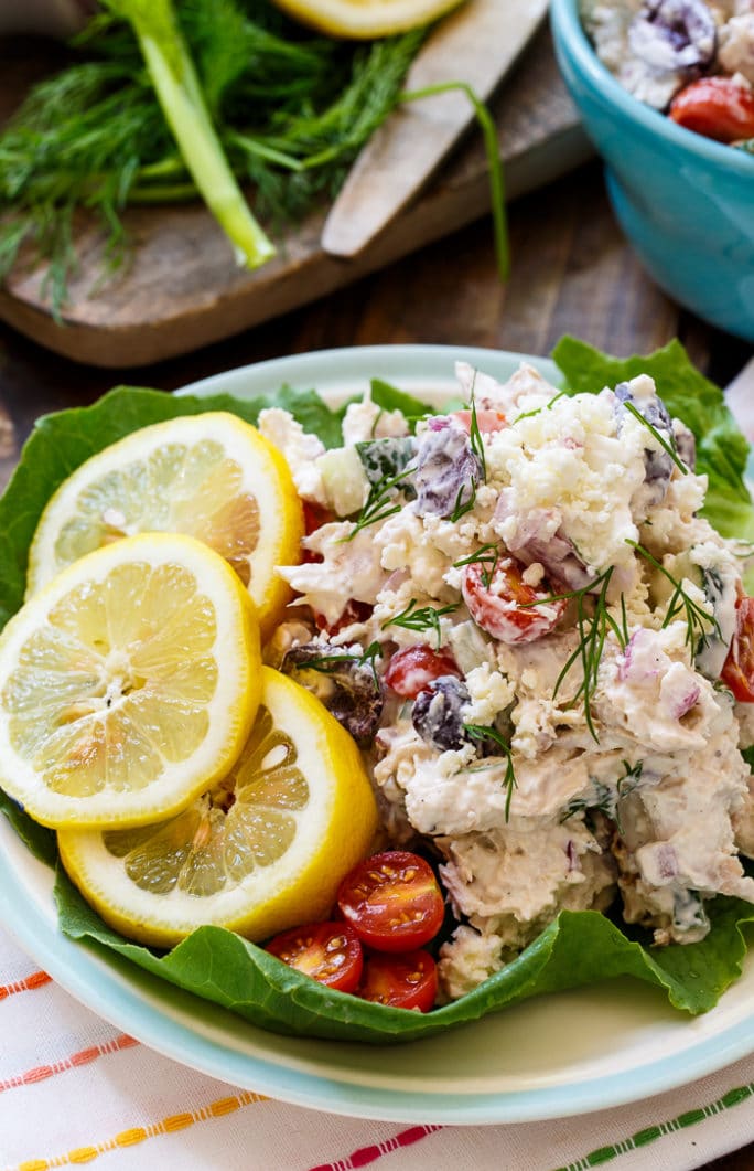 Greek Chicken Salad with feta cheese, Greek yogurt, and olives.