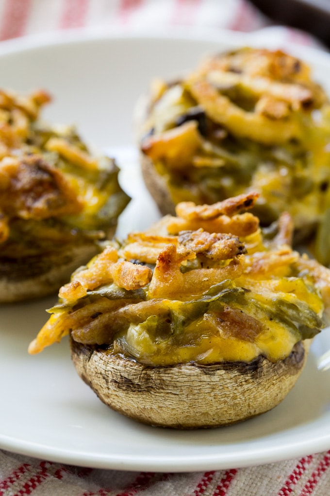 Green Bean Casserole Stuffed Mushrooms made with leftover green bean casserole