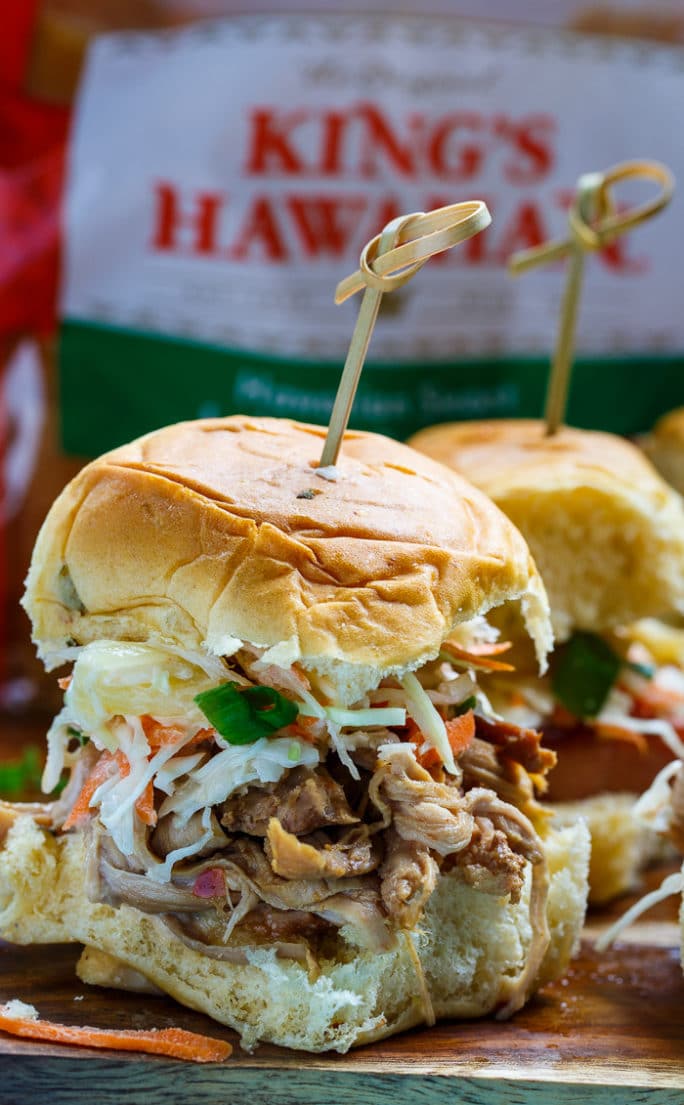Hawaiian Sliders with Tropical Slaw flavored with pineapple and macadamia nuts.