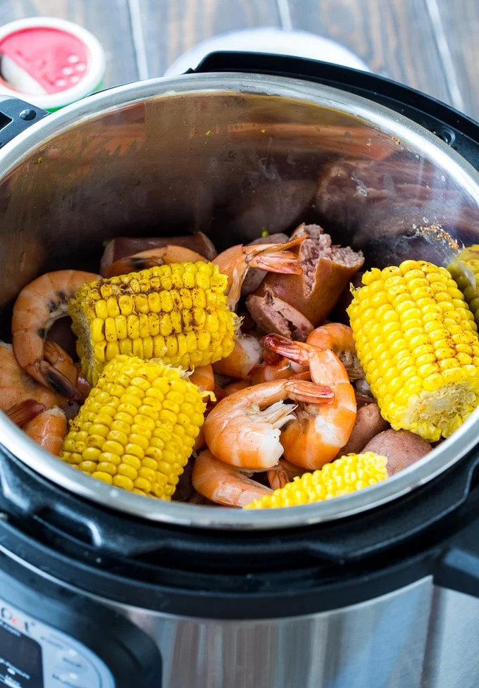 Instant Pot Low Country Boil with potatoes, corn, sausage, and shrimp