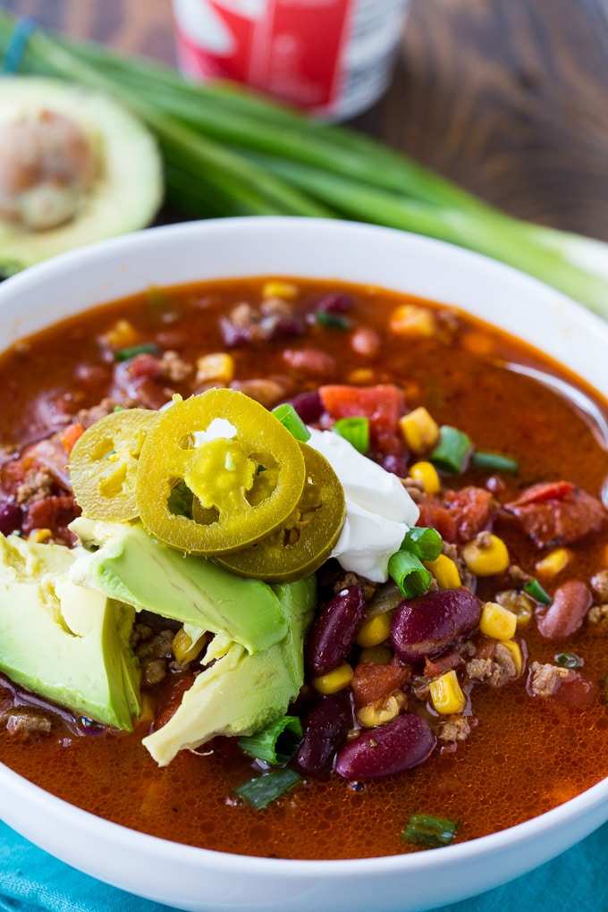 Instant Pot Taco Soup made with ground beef and taco seasoning. Quick and easy dinner recipe!