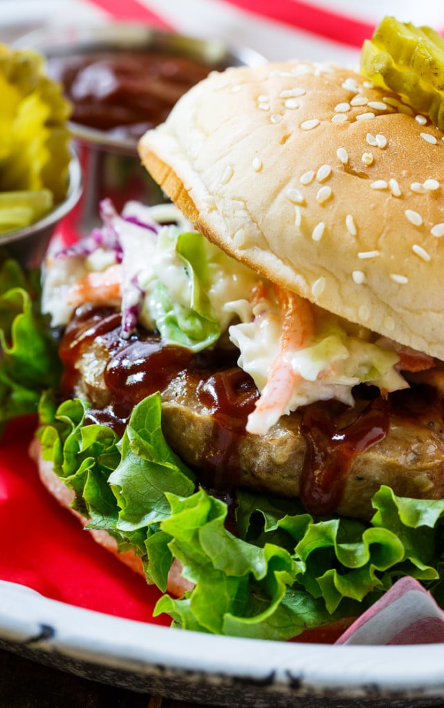 Southern BBQ Pork Burgers with creamy coleslaw and BBQ sauce.