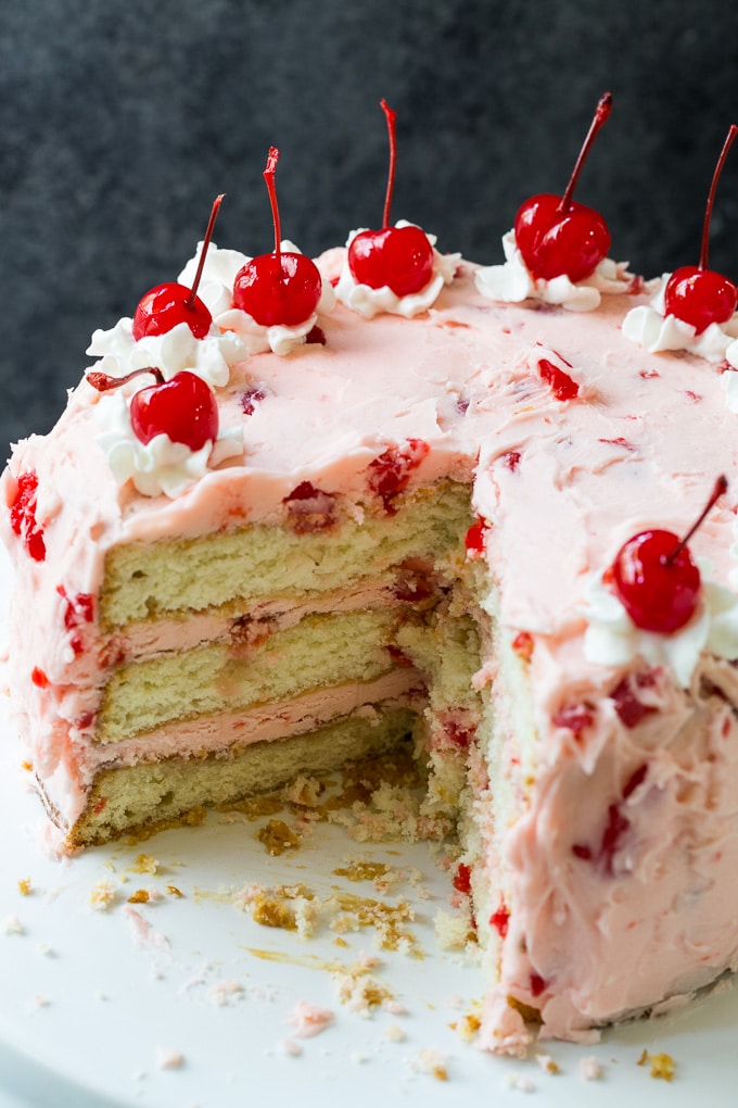 White Cake with Maraschino Cherry Frosting