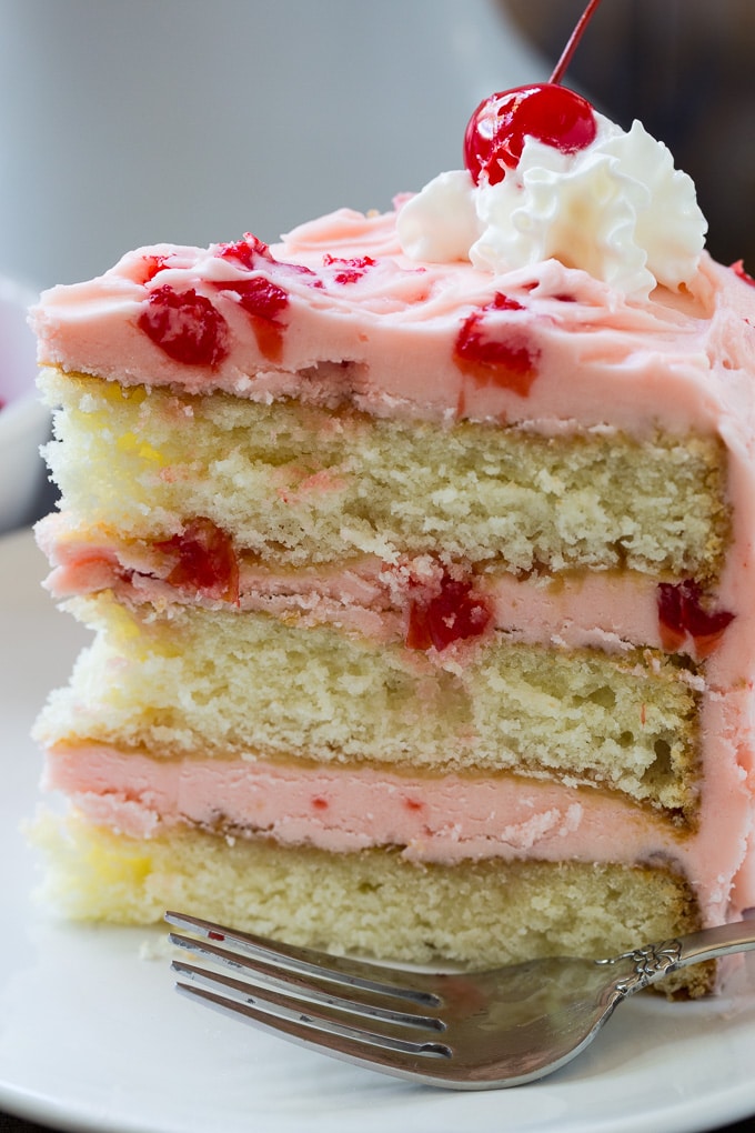 White Layer Cake with Maraschino Cherry Frosting