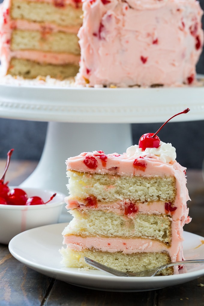 White Cake with Maraschino Cherry Frosting