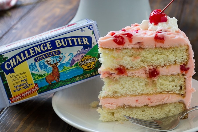 White Cake with Maraschino Cherry Frosting made with Challenge butter