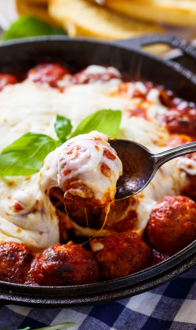 Cheesy Meatball Skillet makes an easy appetizer of dinner.