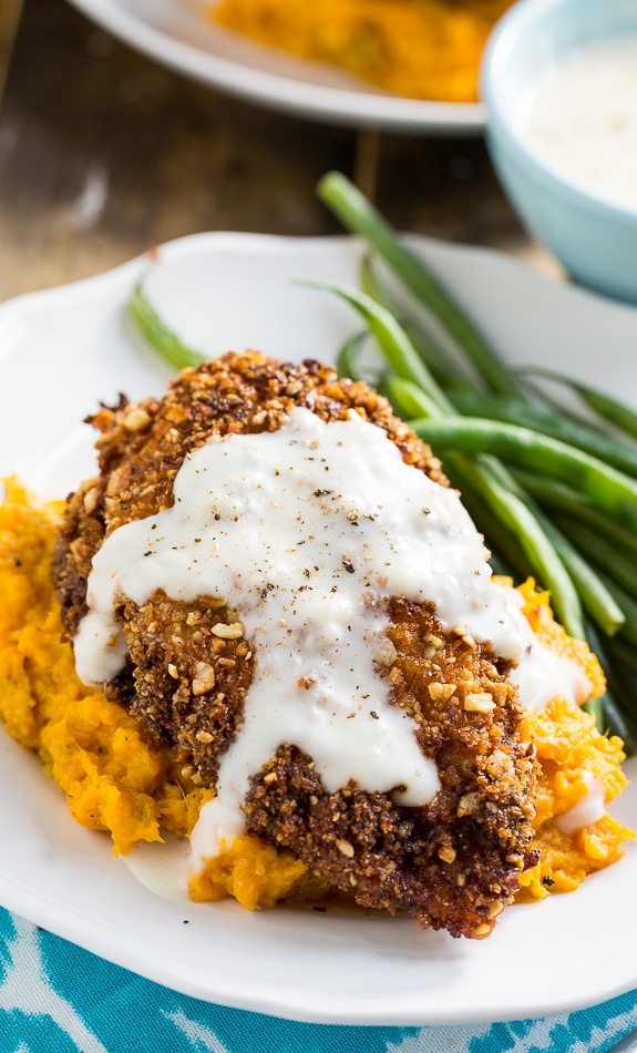 Nutty Fried Chicken with Smashed Sweet Potatoes and Milk Gravy.