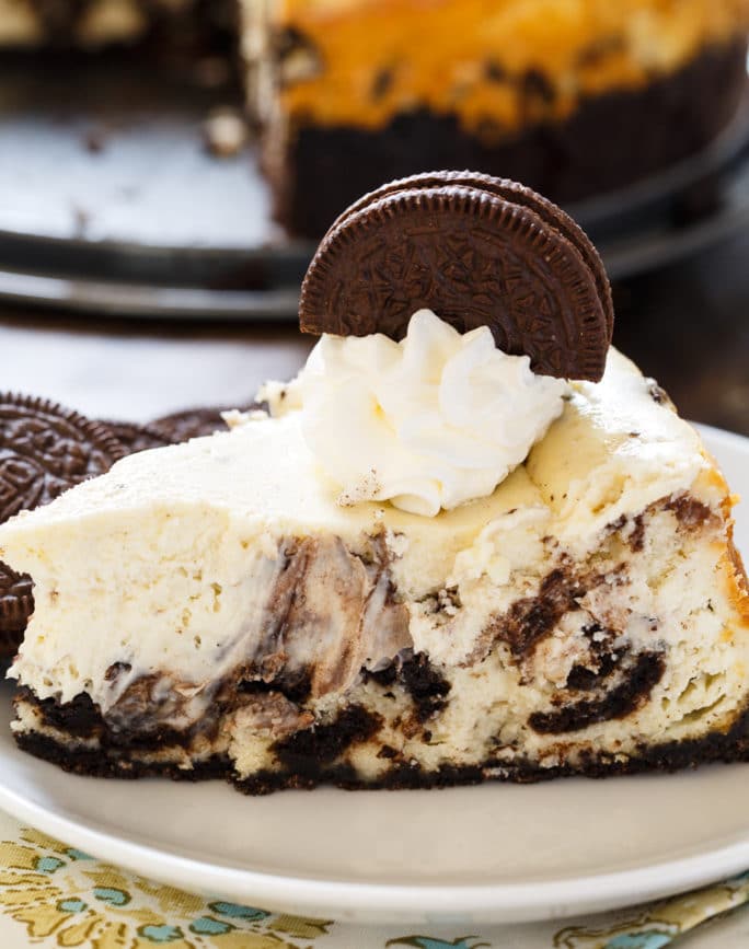 Oreo Cheesecake is super creamy with lots of oreo cookie chunks.