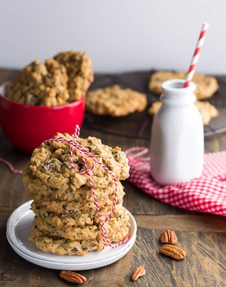 Peanut Butter and Chocolate Chunk Cookies on a plate with more cookies in background.