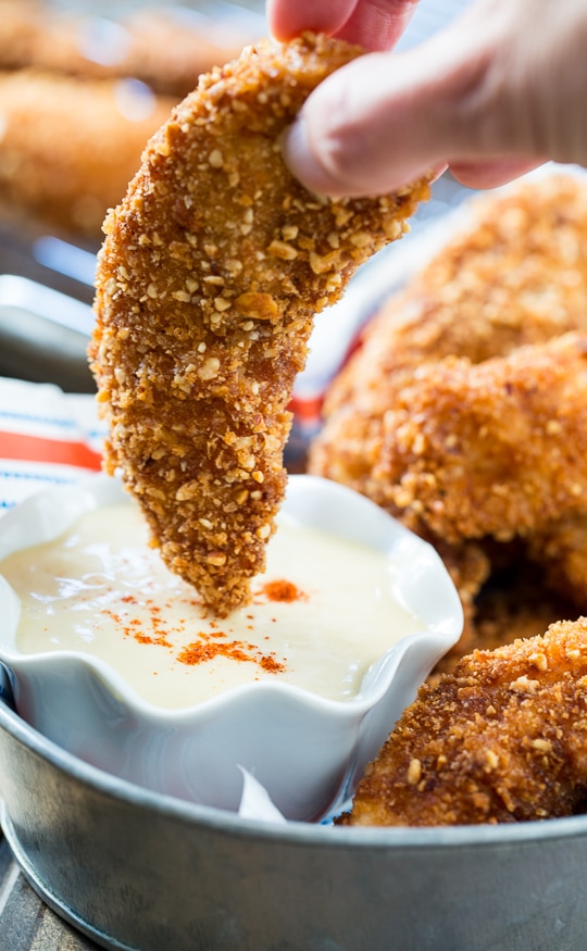 Peanut Crusted Chicken Fingers with Honey Maple Sauce