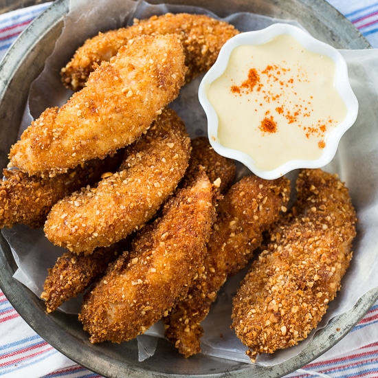 Peanut Crusted Chicken Fingers with Honey Maple Sauce