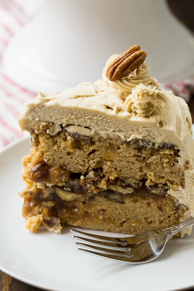Pecan Pie Layer Cake with gooey pecan filling