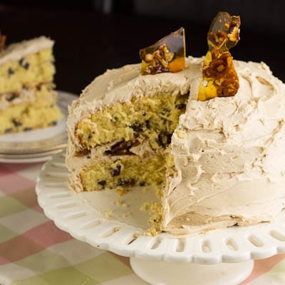 Sour Cream Layer Cake on a cake stand.