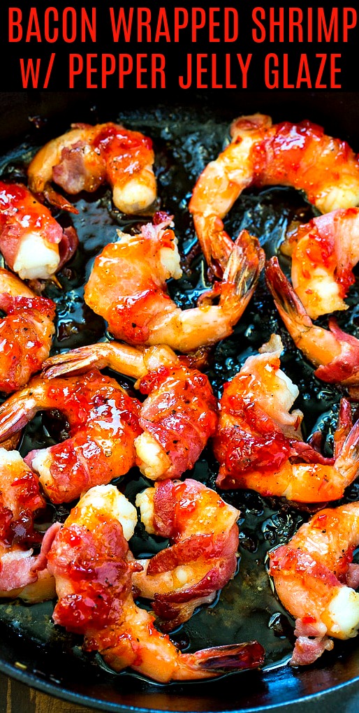 Shrimp wrapped in bacon in cast iron pan.