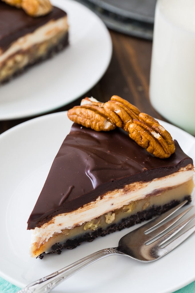 Praline Cream Cheese Pie with a chocolate ganache