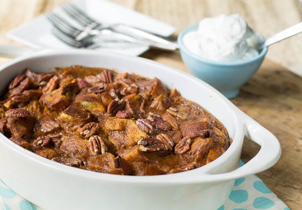 Pumpkin Bread Pudding with Bourbon Whipped Cream