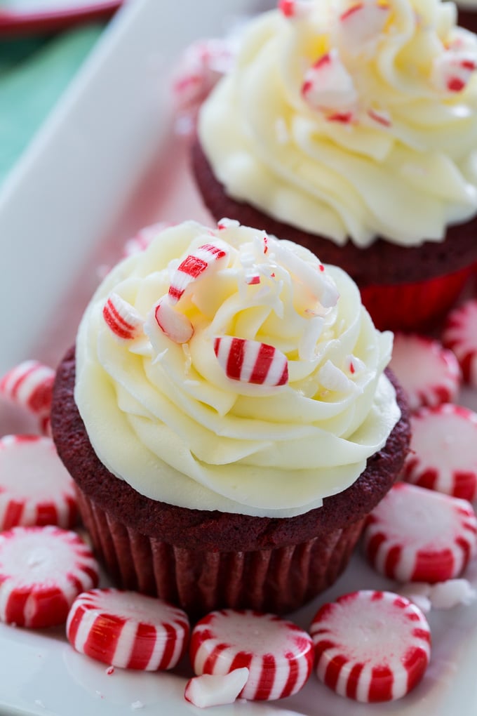 Red Velvet Cupcakes with Peppermint Cream Cheese Frosting