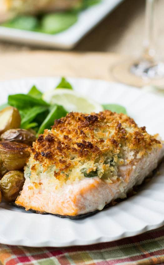 Close-up of Baked Salmon Stuffed with Mascarpone Spinach.