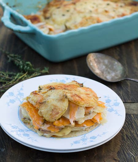 Serving of potato gratin on a plate.