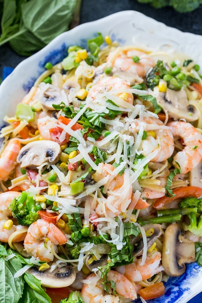 Shrimp Pasta Primavera with lots of fresh vegetables