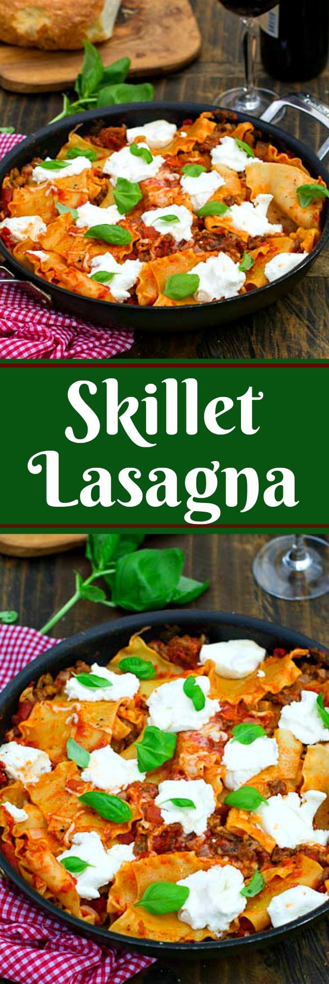 This is an easy but tasty lasagna flavored with sausage and large dollops of ricotta cheese and sprinkled with fresh basil. It’s cooked in a skillet and can be made start to finish in less than 45 minutes.