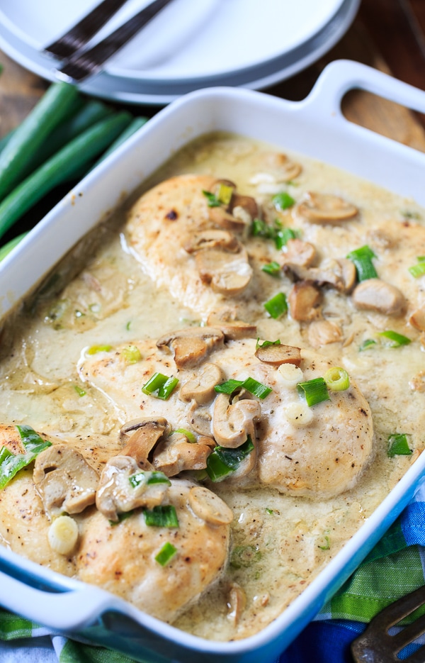 Smothered Chicken Breats in a simple mushroom cream sauce.