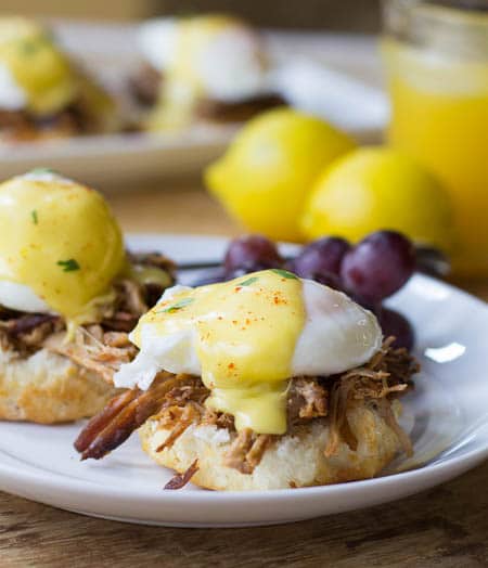 Southern Eggs Benedict served on a white plate.