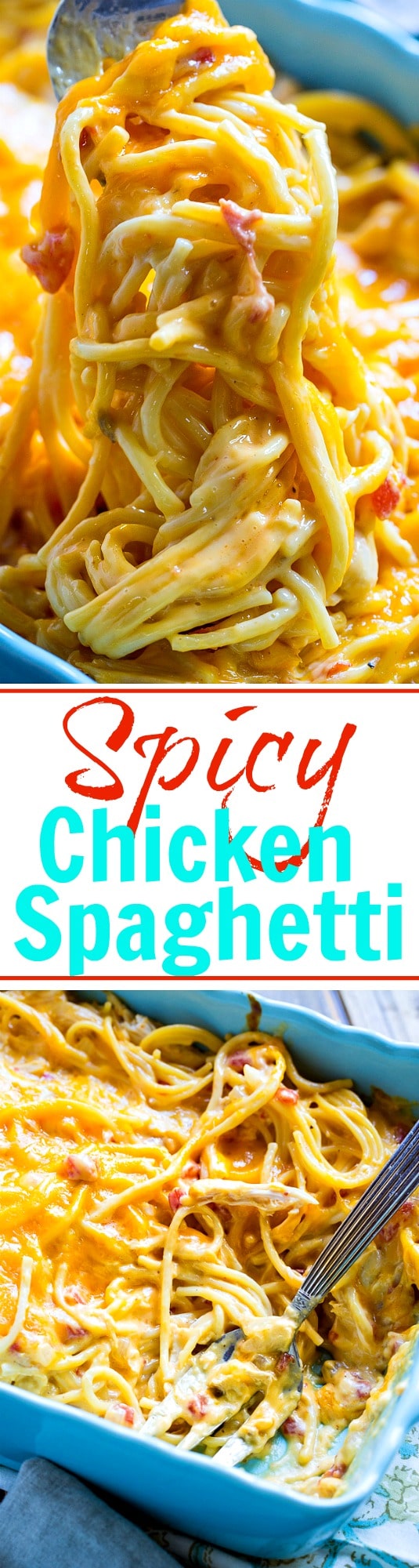 Spicy Chicken Spaghetti- cheesy, creamy comfort food!