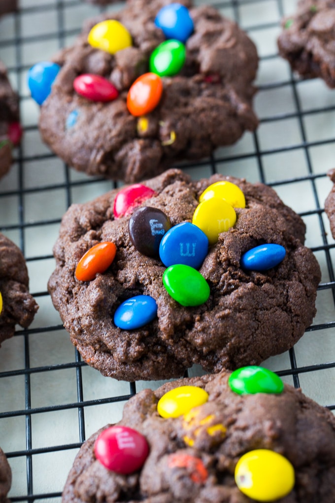 Double Chocolate M&M Cookies are soft and fudgy