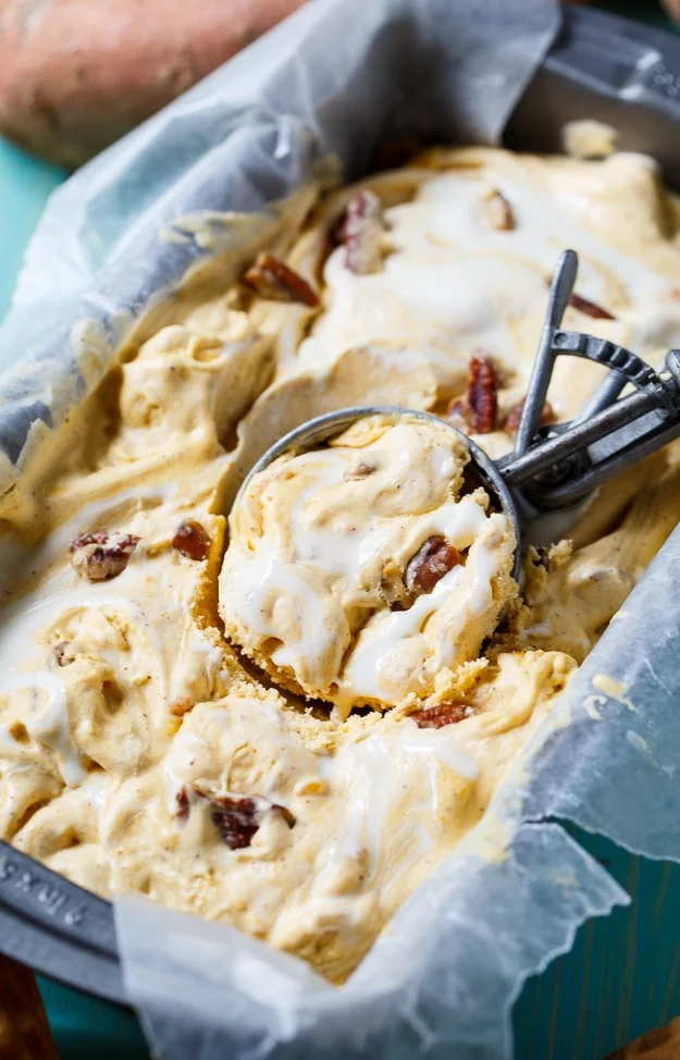 Sweet Potato Ice Cream with marshmallow ice cream and candied pecans.
