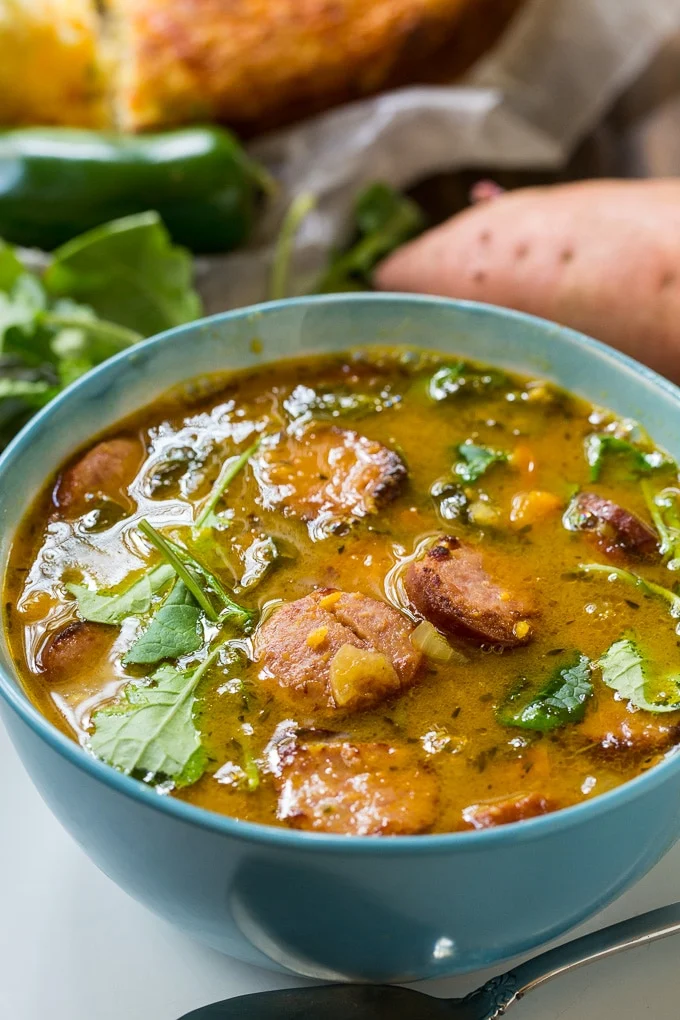 Sausage and Sweet Potato Soup made with leftover sweet potato casserole