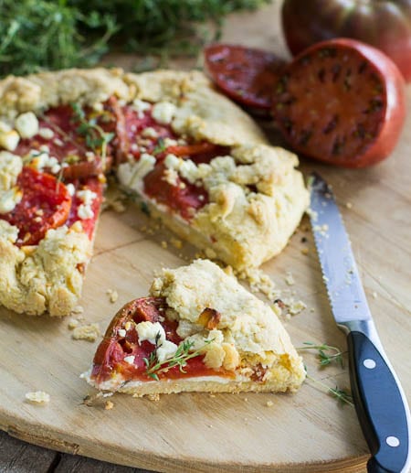 Tomato Galette with Feta with slice cut out.