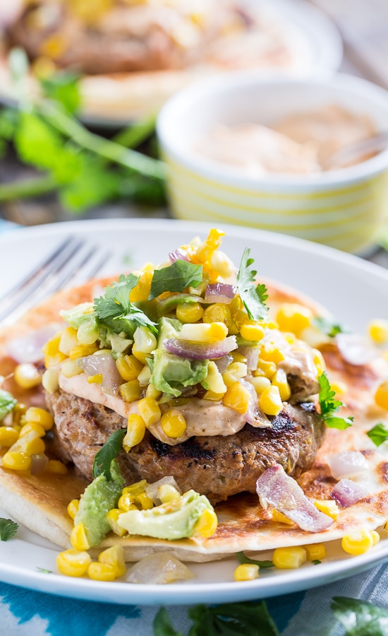 Tex Mex Turkey Burgers with Spicy Mayo and Avocado-Corn Salsa