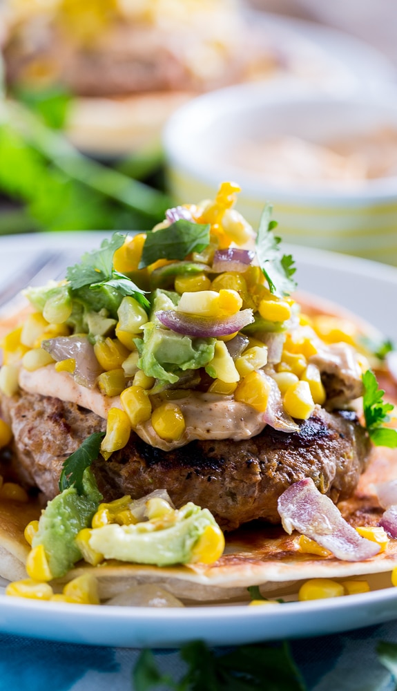 Tex Mex Turkey Burgers with Spicy Mayo and Avocado-Corn Salsa