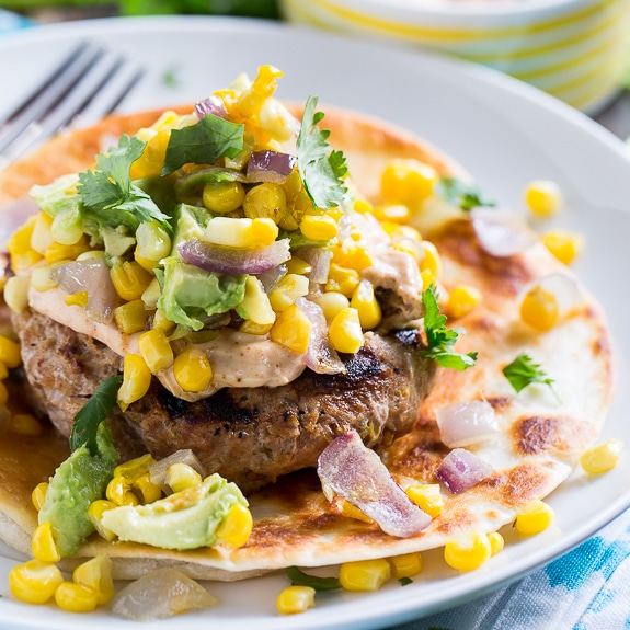 Tex Mex Turkey Burges with Spicy Mayo and Avocado-Corn Salsa